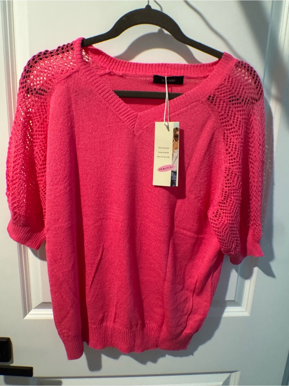 V-Neck Pink Knit Top with Crochet Short Sleeves